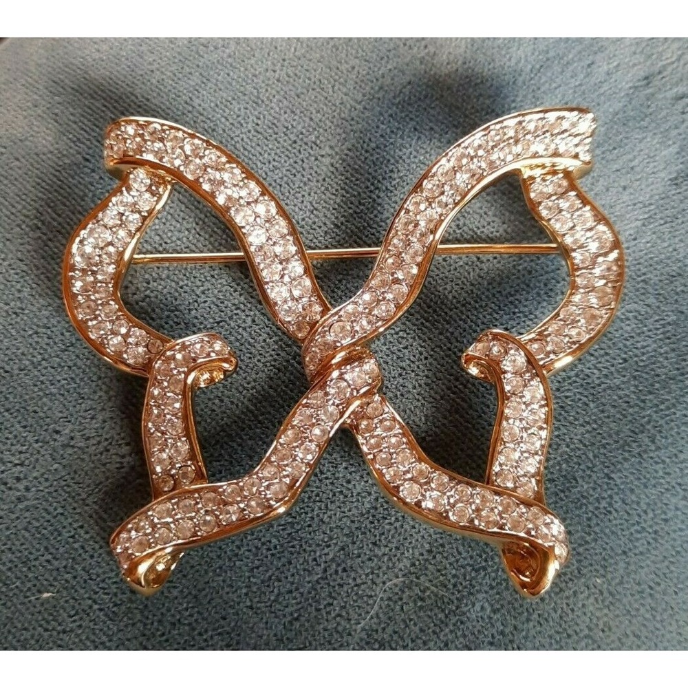 Swarovski Swan Signed Pave Gold Plated Ribbon Butterfly Brooch Pin Rare Vintage